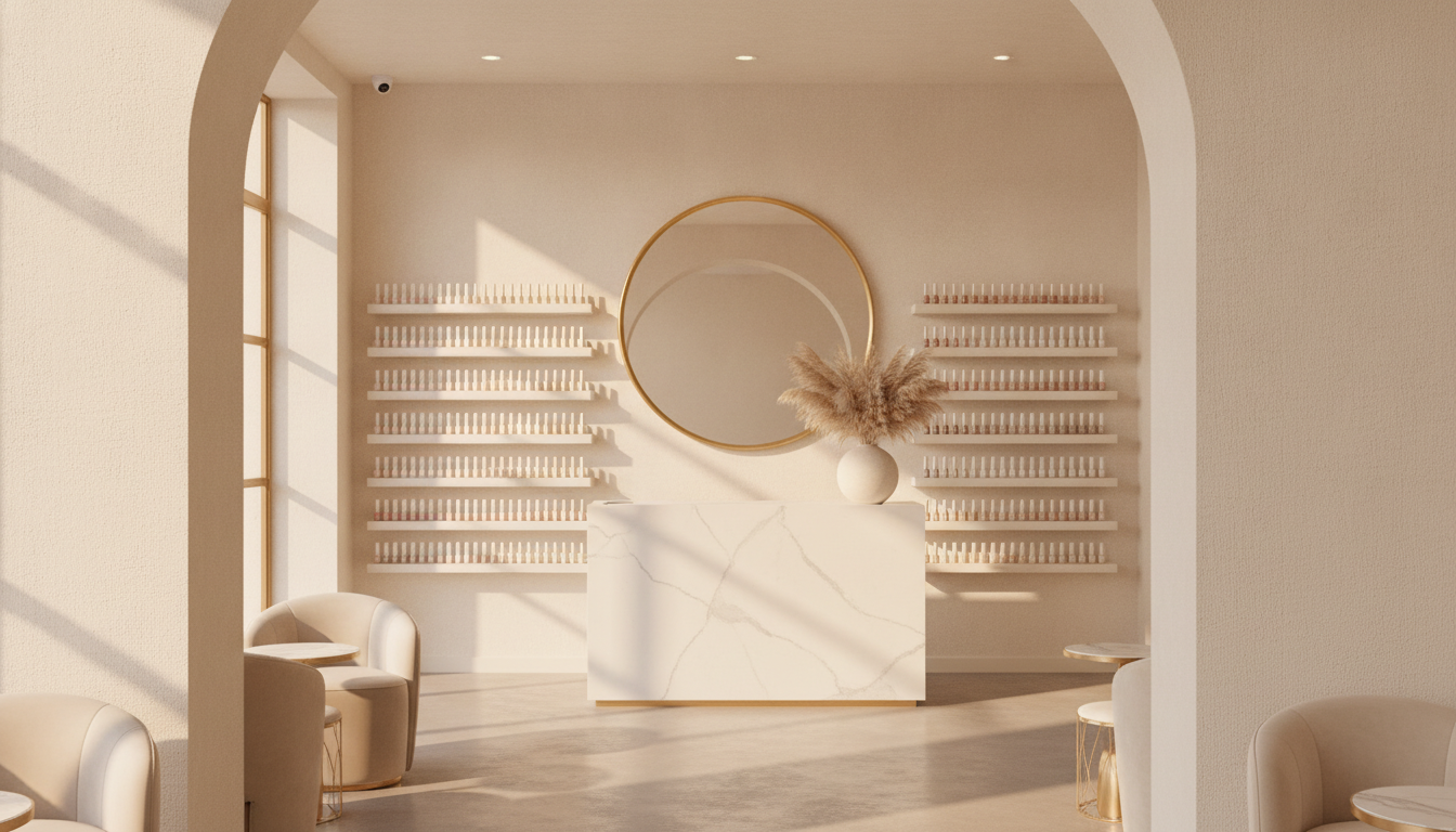 Interieur boutique beautyin — etageres de vernis, miroir dore, ambiance creme
